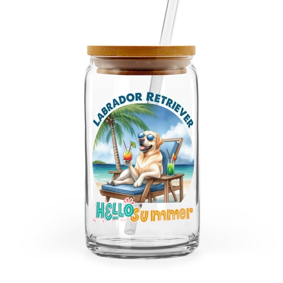 Labrador Retriever Hello Summer Beach Theme with Sunglasses and Tropical Cocktail 16oz Glass Cup Mug Lab Dog Lover Gifts Glass Can with Bamboo Lid and Straw - 00009
