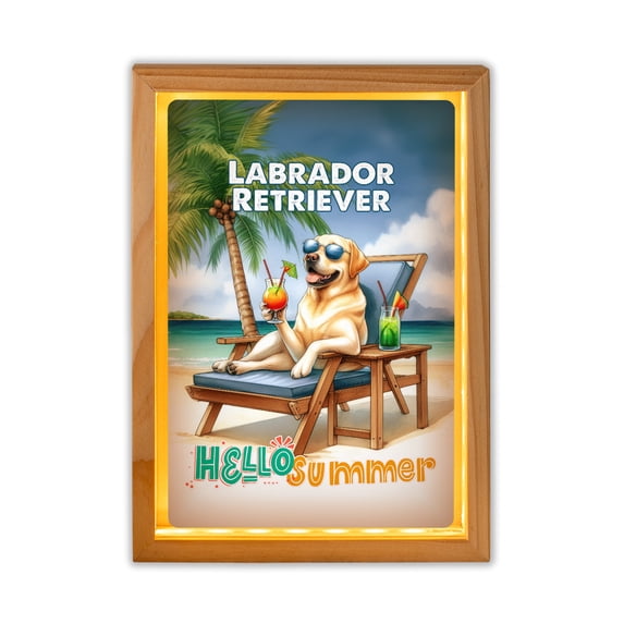 Labrador Retriever Hello Summer Beach Theme with Sunglasses and Tropical Cocktail Acrylic Plaque with Wood Photo Frame Box Lab Dog Lover Gifts Light Box - 00009