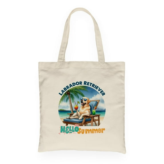 Labrador Retriever Hello Summer Beach Theme with Sunglasses and Tropical Cocktail Canvas Tote Bag Lab Dog Lover Gifts Reusable Shopping Grocery Bag - 00009