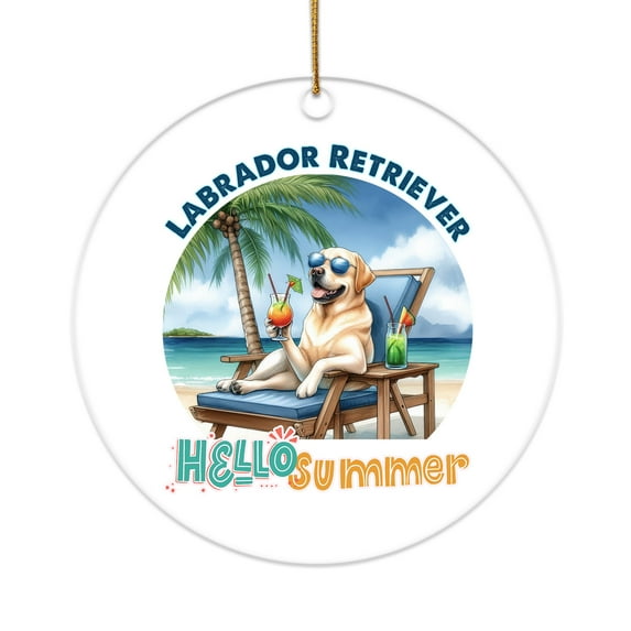 Labrador Retriever Hello Summer Beach Theme with Sunglasses and Tropical Cocktail Acrylic Round Ornament Lab Dog Lover Gifts Home Tree Decor - 00009