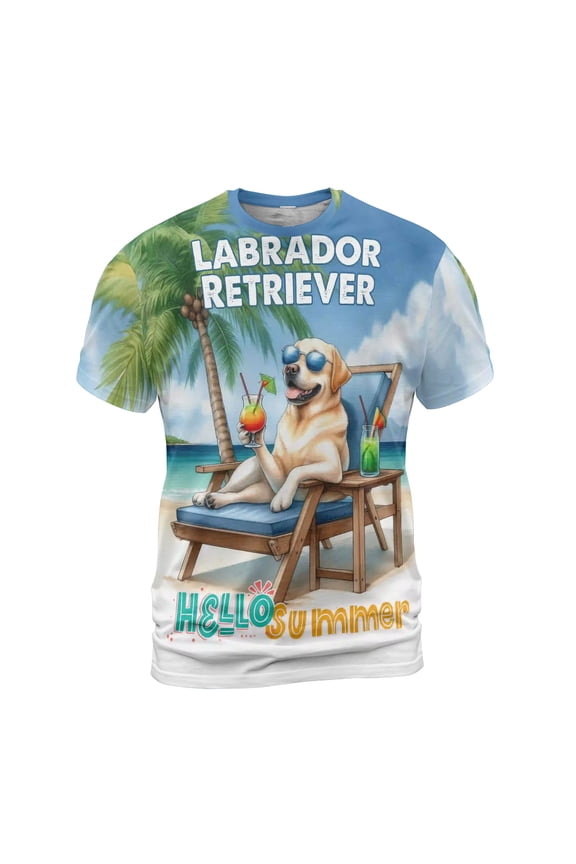 Labrador Retriever Hello Summer Beach Theme with Sunglasses and Tropical Cocktail All Over Print 3D Shirt Unisex Merch Lab Dog Lover Gifts - 00009