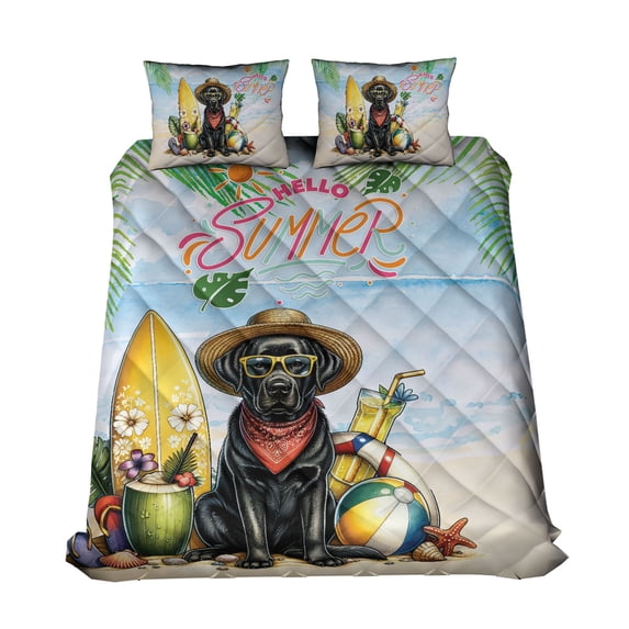 Labrador Retriever Hello Summer with Sunglasses and Surfboard Tropical Vibes Quilt Bedding Set Lab Dog Lover Gifts 1 Blanket Bed Cover 2 Pillowcases - 00007