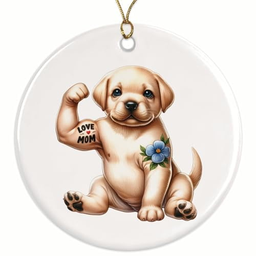 Labrador Retriever Love Mom Tattoo Christmas Ornament - Cute Golden Lab Puppy Mom - Lab Pet Parent - Ceramic Christmas Ornament - 2.8" Round - Gold String Included - BMCO0798