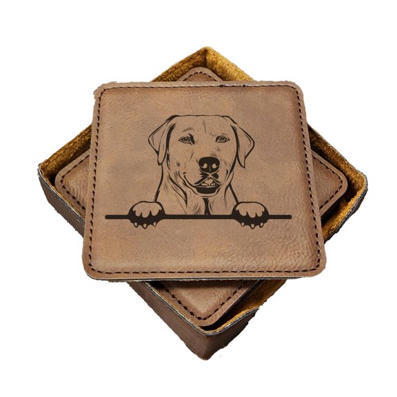 Labrador Retriever Peek-a-Boo Coasters - Handmade Coasters Set of 6 - Engraved Barware Decorations - Leather Bar Decor - Man Cave Father's Day Present