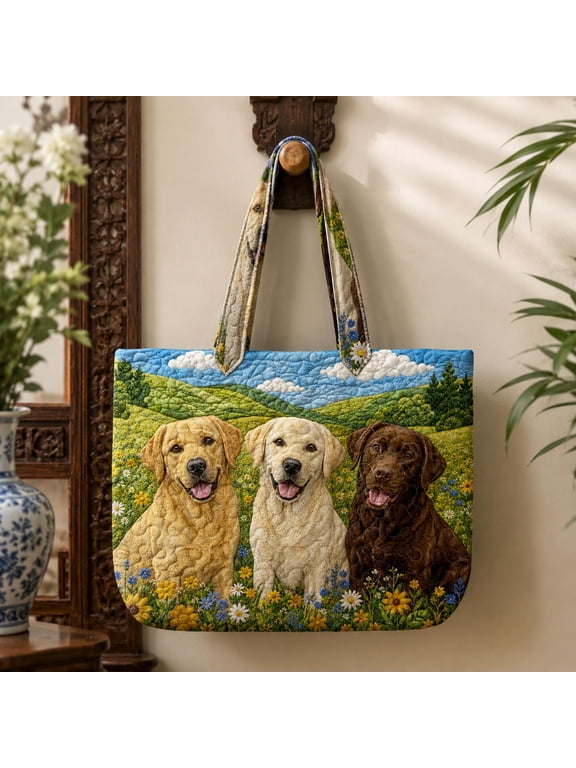Labrador Retriever Quilted Tote Bag, Floral Lab Dog Handbag, Dog Mom Gift, Custom Puppy Lover Farmhouse Tote