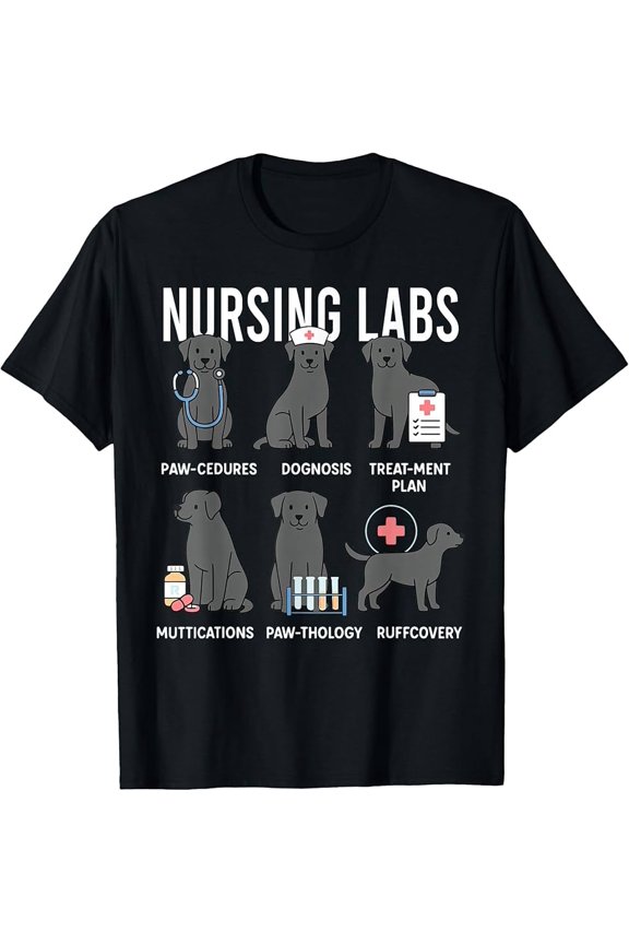 Labrador Retriever RN Nurse Lab Dogs Nursing Pups T-Shirt with Humorous Veterinary Puns and Cartoon Design
