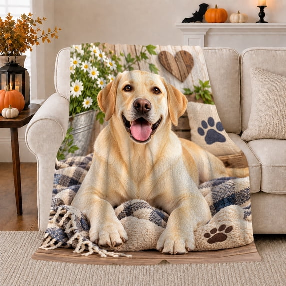 Labrador Retriever Rustic Farmhouse Setting, Cozy Pet Portrait Pattern, Warm Flannel Blanket for Ranch House and Living Room, Dog Lovers Appreciation Gift, Pet Lover Home Decor