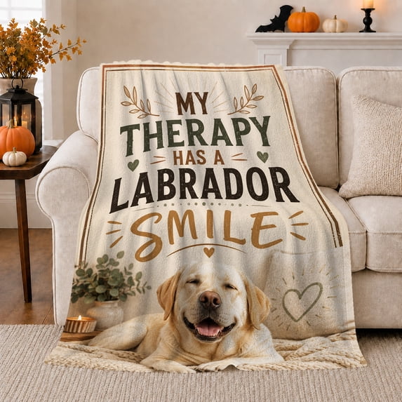 Labrador Retriever Therapy Smile Quote, Playful Pet Portrait Pattern, Warm Flannel Blanket for Living Room and Reading Nook, Dog Moms Mother's Day Gift, Pet Lover Home Decor