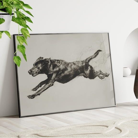 Labrador Retriever Zoomies Monochrome Minimalist Charcoal Sketch Energetic Running Dog S, Unframed Poster