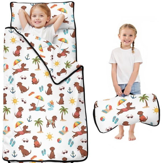 Labrador Retriever and Beach Teens Toddler Nap Mat with Pillow, Sleeping Mat Bag for Preschool Daycare 50"x20"