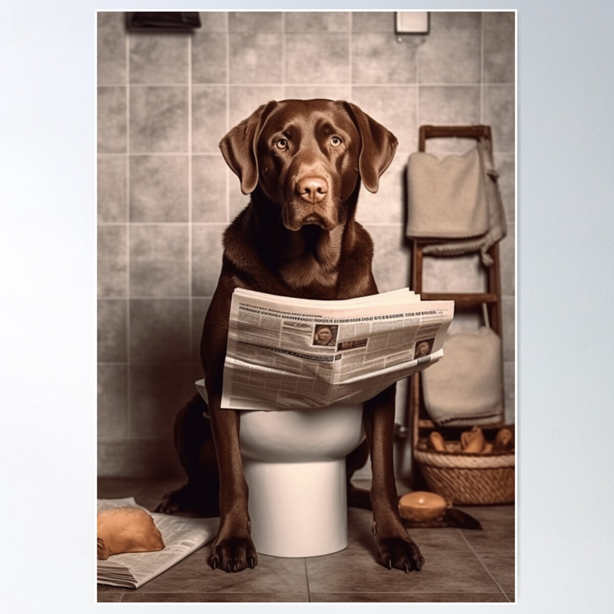 Labrador Sitting On The Toilet And Reading The Newspaper, Funny Dog Â ...