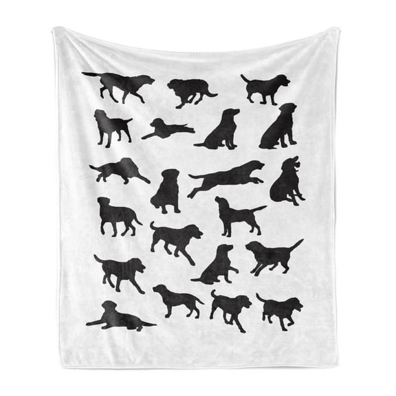 Labrador Soft Flannel Fleece Blanket, Black Silhouettes of Pets in Various Positions Friendly Playful Dog Breed, Cozy Plush for Indoor and Outdoor Use, 60" x 80", Charcoal Grey White, by Ambesonne