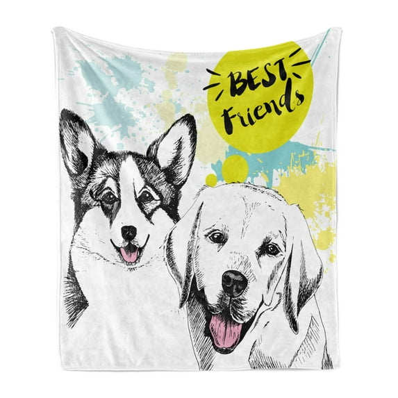 Labrador Soft Flannel Fleece Throw Blanket, Best Friends Typography Hand Drawn Sketch Welsh Corgi Grunge Illustration, Cozy Plush for Indoor and Outdoor Use, 50" x 60", Multicolor, by Ambesonne