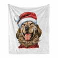 thumbnail image 1 of Labrador Soft Flannel Fleece Throw Blanket, Funny Terrier Smiling in Xmas Dress Santa Clause Hat Celebration Theme, Cozy Plush for Indoor and Outdoor Use, 70" x 90", Dark Coral Caramel, by Ambesonne, 1 of 6
