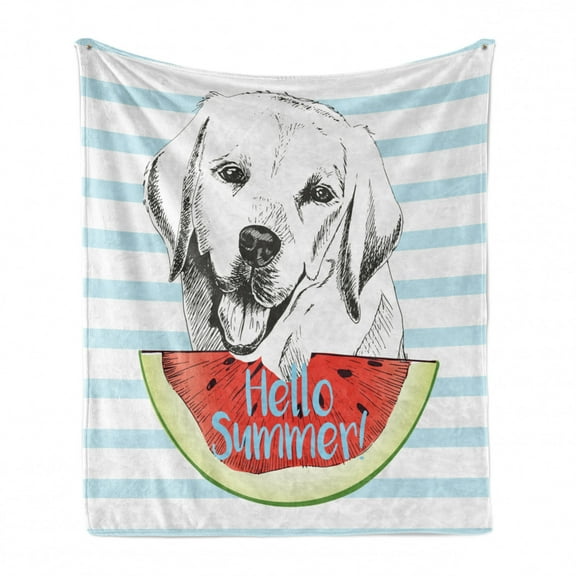 Labrador Soft Flannel Fleece Throw Blanket, Hello Summer Words with a Sketch Style Retriever Dog and Fresh Watermelon Slice, Cozy Plush for Indoor and Outdoor Use, 50" x 60", Multicolor, by Ambesonne