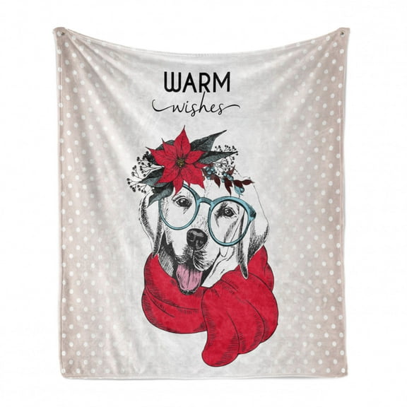 Labrador Soft Flannel Fleece Throw Blanket, Labrador Warm Wishes Words with Glasses Scarf Flowers on Head Polka Dots, Cozy Plush for Indoor and Outdoor Use, 50" x 70", Multicolor, by Ambesonne