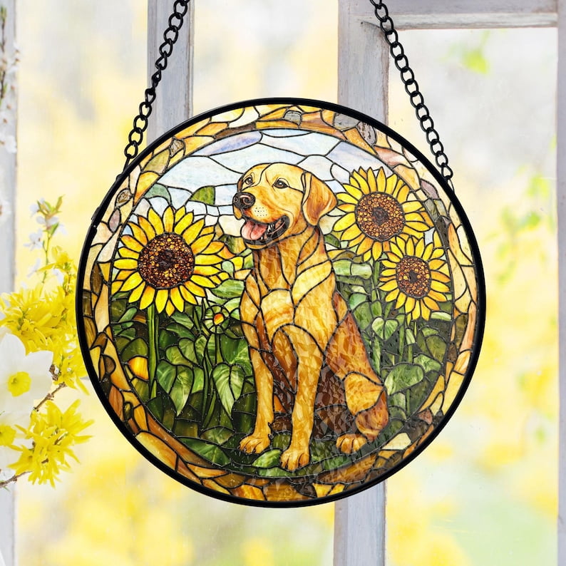 Labrador Stained Glass Suncatcher, Sunflower Dog Window Panel, Farmhouse Garden Style, Pet Lover Decor, Gift for Dog Owners, Dog Lover