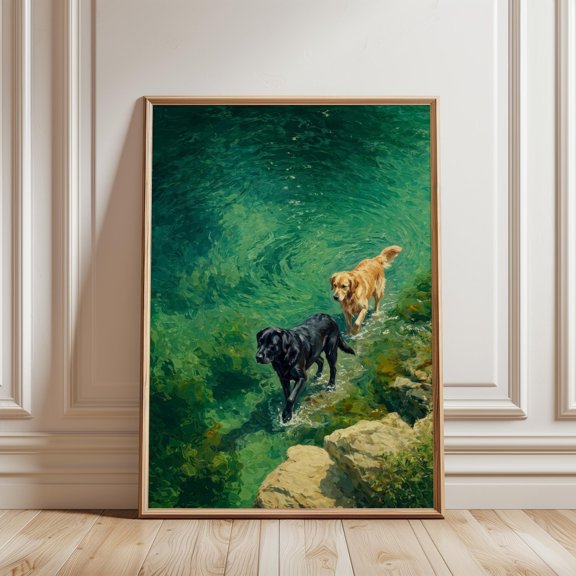 Labrador Swimming Green Ocean Dog Wall Decor Unframed Paper Print