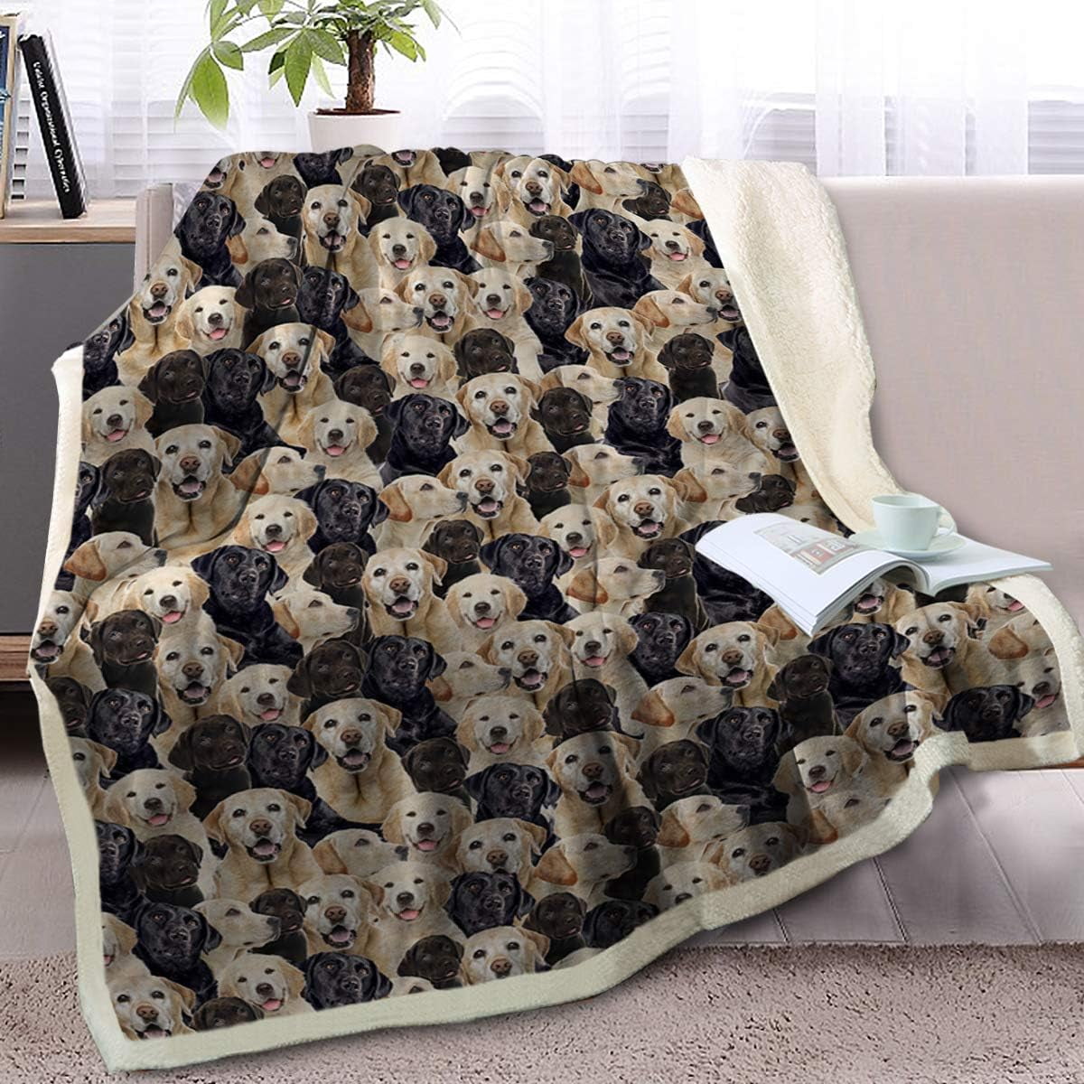 Labrador Throw Blanket Golden Retriever Fleece Blanket for Kids Adults Cute Puppy Sherpa Blanket Black Yellow Animal Print Lightweight Thick Plush Blankets Women (50"x60")