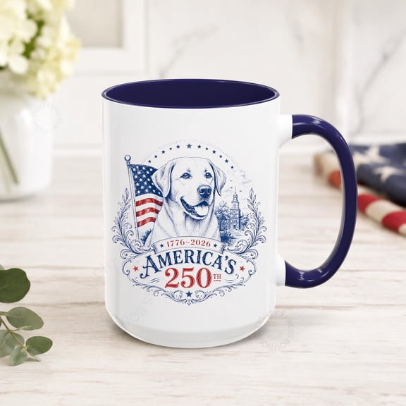 Labrador USA 250th Anniversary Mug, Vintage Toile America Commemorative Coffee Cup for Yellow Lab Lovers, Patriotic Chinoiserie Gift