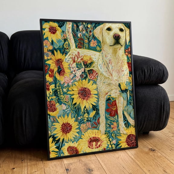 Labrador Whimsical Sunflower Print, Spring Vibes, Country Home Decor, Animal Art, Poster Only