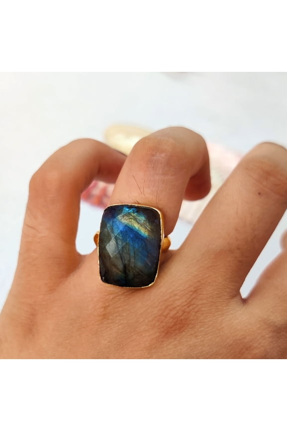 Labradorite Adjustable Ring | Gold Silver Statement Ring | Baguette Bar Gemstone Cocktail Ring | Modern Boho Jewelry for Women