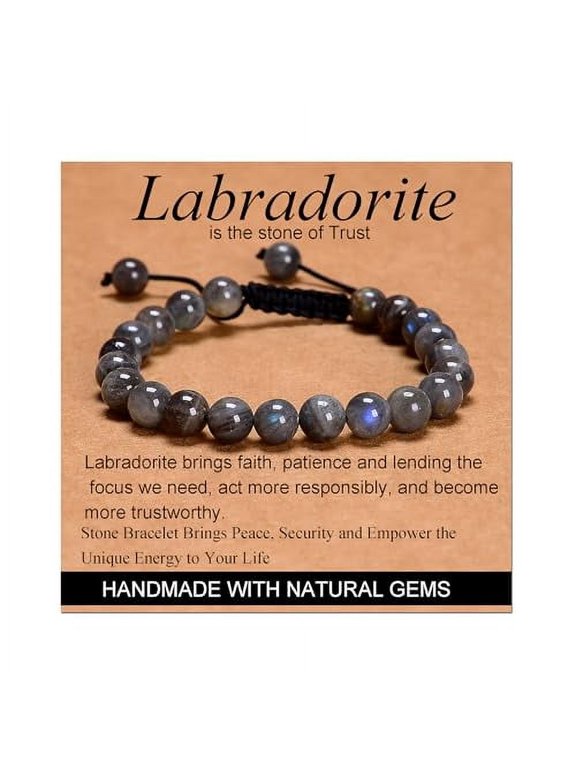 Labradorite Beads - Stone of Trust - Handmade Yoga Natural Stone Crystal Healing Power Energy Gifts for Unisex Adult Bracelet Macrame Adjustable 6mm
