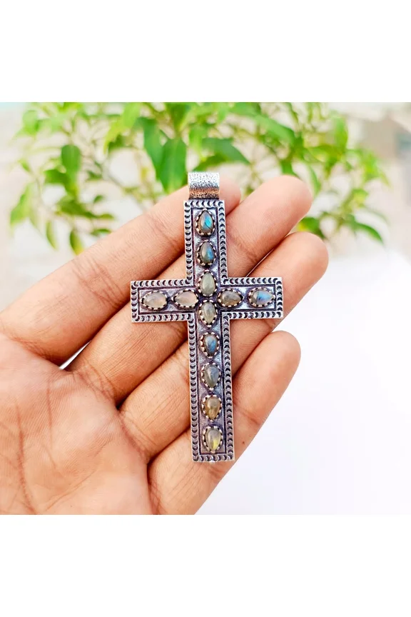 Labradorite Cross Pendant 925 Sterling Silver Polished Handmade Gemstone Jewelry 2.83"