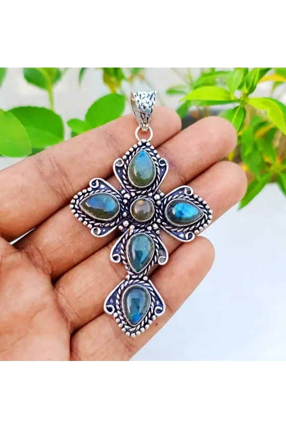 Labradorite Cross Pendant 925 Sterling Silver Polished Handmade Gemstone Jewelry 2.85"