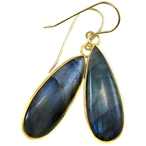 Labradorite Earrings Goldtone Bezel Set Blue Flash Smooth Long Simple Dangle Drops Designed for Adult Women