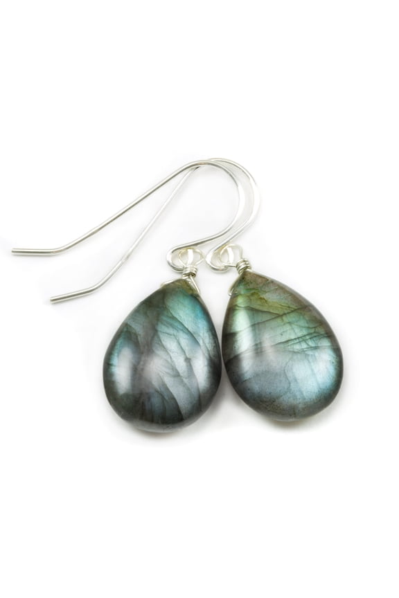 Labradorite Earrings Sterling Silver Smooth Cut Blue Flash Pear Shaped Teardrops Spyglass Designs
