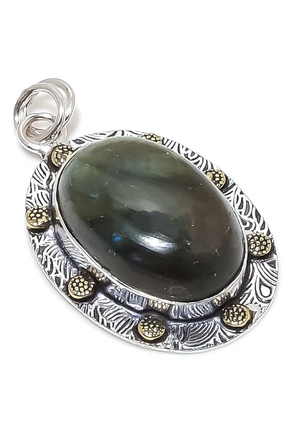Labradorite Gemstone 925 Sterling Silver Jewelry Two Tone Pendant 1.97"