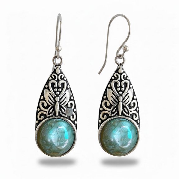 Tibetan Silver 925 Oxidized Silver Labradorite Drop Earrings for Women Filigree Party Jewelry