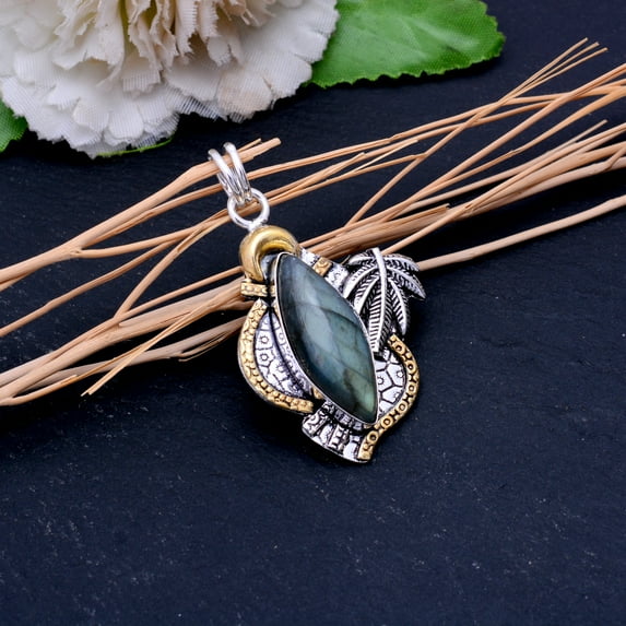 Labradorite Gemstone Handmade 925 Sterling Silver Two Tone Pendant 2.25"