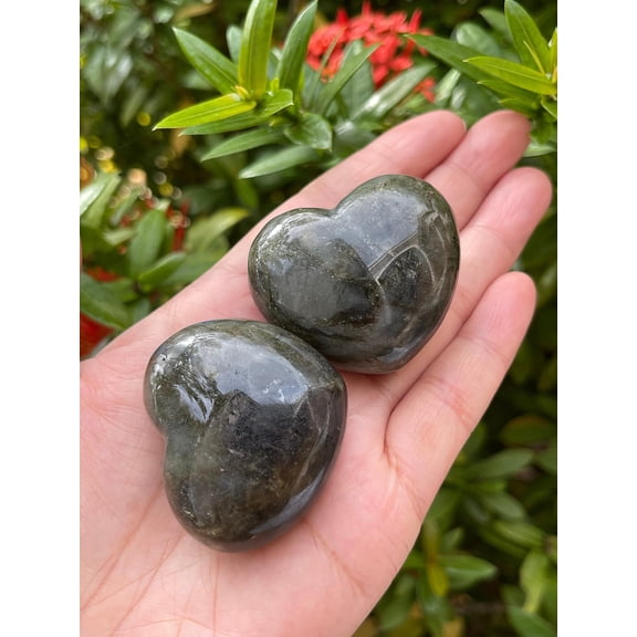 Labradorite Gemstone Hearts, Polished Labradorite Puffy Hearts, Labradorite Palm Stone, Labradorite Heart (5 Hearts）