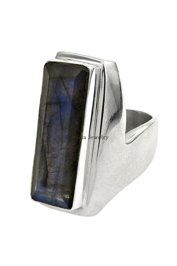Labradorite Gemstone Ring, Solid 925 Sterling Silver, Handmade Blue Fire Ring, Cocktail Ring, Faceted Cut Rectangle Shape Ring, Signet Ring, Anniversary Gifts (labradorite, 7)