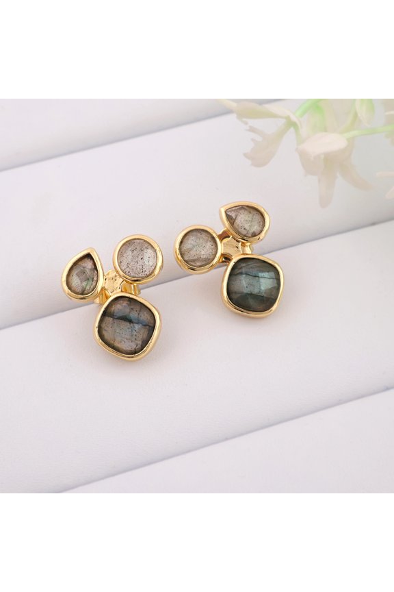 Labradorite Gemstone Stud Earrings for Women - Gold Plated Triple Stone Earrings, Dainty Natural Labradorite Fashion Jewelry Gift for Everyday Wear