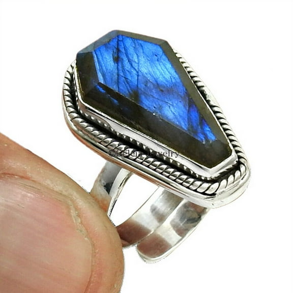 Labradorite Genuine Coffin Ring, Natural 925 Sterling Silver, Promise Ring, Blue Fire Ring, Wedding Ring For Couples, Husband Wife Gifts, Proposal Ring, Friendship Gifts, June Birthstone Size 7