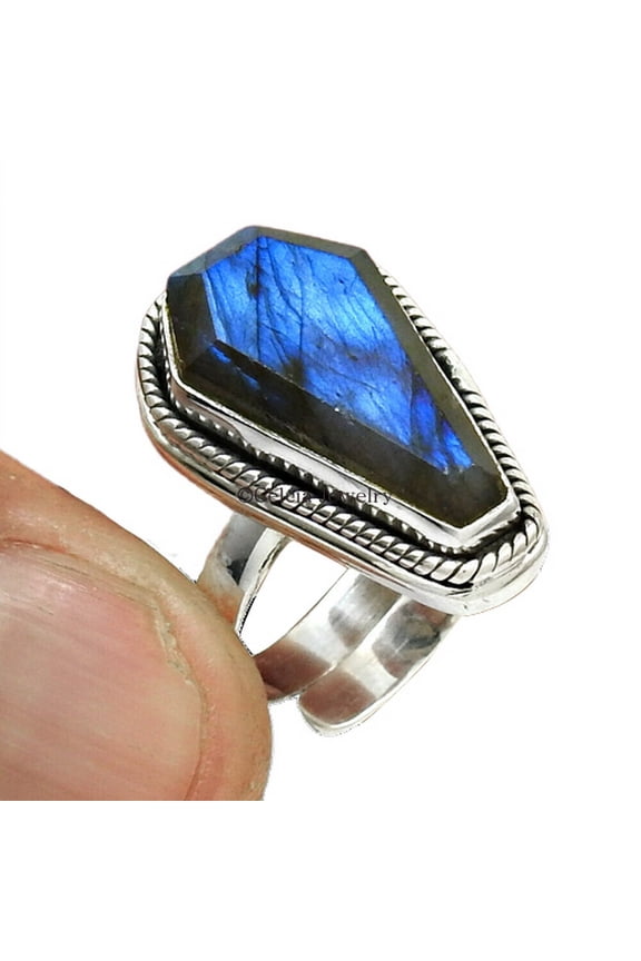 Labradorite Genuine Coffin Ring, Natural 925 Sterling Silver, Promise Ring, Blue Fire Ring, Wedding Ring For Couples, Husband Wife Gifts, Proposal Ring, Friendship Gifts, June Birthstone Size 7