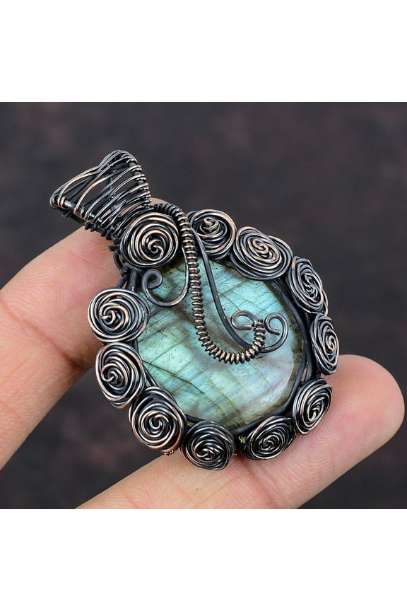 Labradorite Jewelry Copper Gift For Bestie Wire Wrapped Flower Pendant 2.17"