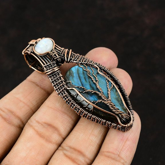 Labradorite Jewelry Copper Mom Gift Wire Wrapped Tree Of Life Pendant 2.8"