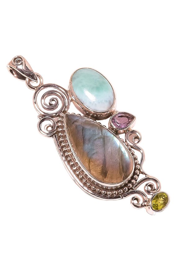 Labradorite & Larimar & Amethyst Solid 925 Sterling Silver Pendant Size 2.48"Natural Pendant, Gray Pendant, 925 Silver Pendant, Labradorite Pendant, P