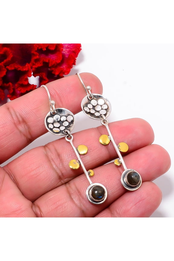Labradorite - Madagascar 925 Sterling Silver Two Tone Earring 2.25" E94211, Christmas Gift