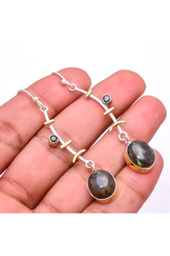 Labradorite -Madagascar & Black Onyx 925 Silver Plated Two Tone Earring 2.34", Blue Labradorite Earring E_8030_351_4