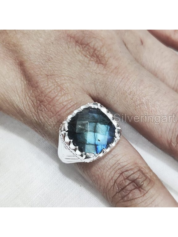 Labradorite Mans Ring, Blue Fire Labradorite, Checkerboard Labradorite, Silver Jewelry, 925 Silver Ring, Birthday Gift, Heavy Mens Ring, Arabic Design, Ottoman Style Ring, Christmas, Mens Signet Ring