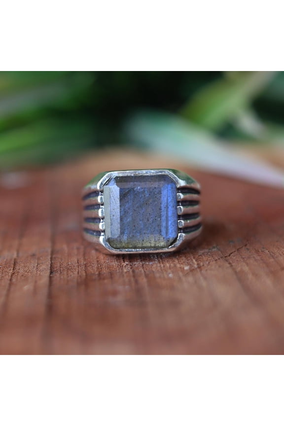 Labradorite Men's Ring, 925 Sterling Silver Ring, Rectangular Gemstone Ring, Statement Ring, Signet Ring, Boho Jewelry, Personalized Gift***