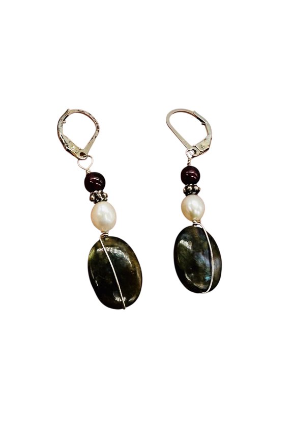 Labradorite Oval Bead Sterling Silver Wire Wrap Earrings with Euro Earwires |