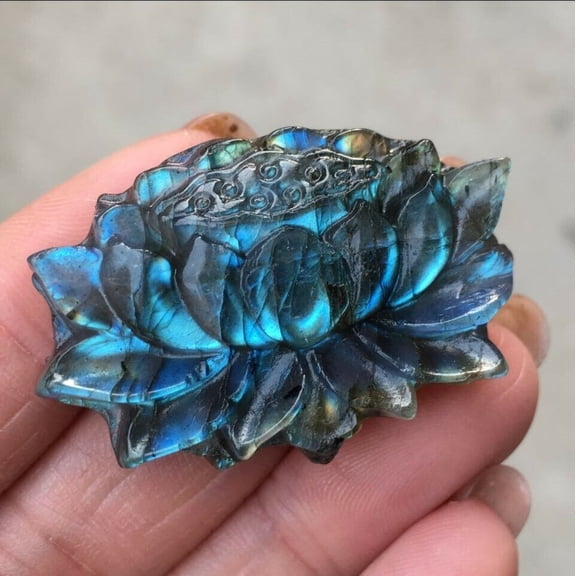 Labradorite Quartz Crystal Hand Carved Lotus Decor Collectible Gift Stone Carving