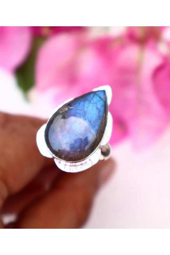 Labradorite Ring Handmade Silver Plated Brass Jewelry, Boho Healing Crystal Design US" 7