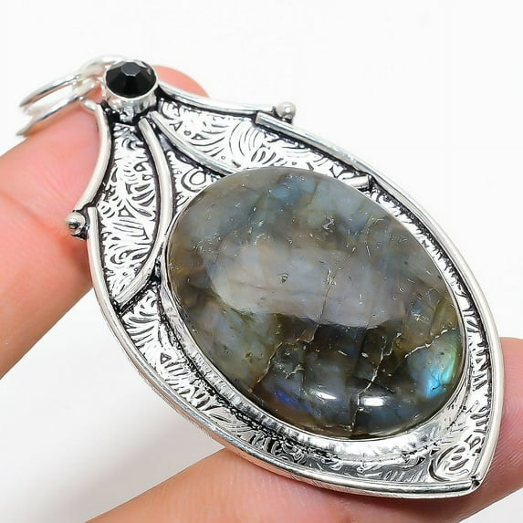 Labradorite, Spinel Gemstone 925 Sterling Silver Jewelry Pendant 2.96"